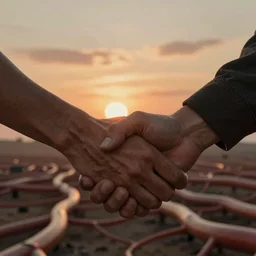 close shot of strong handshake and interlocking arms against a background of sillicon chip blood vessels sunset at sunset in the style of jean giraud cinematic