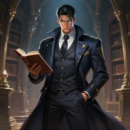 a highly detailed illustration of Daniel Matsunaga as serious detective wearing detective coat, glowing eyes, dramatic standing holding book pose, infinite space library background, muscular, intricate, elegant, highly detailed, centered, digital painting, artstation, concept art, smooth, sharp focus, league of legends concept art, WLOP