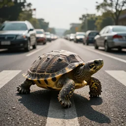 a turtle crossing a busy motorway, closeup