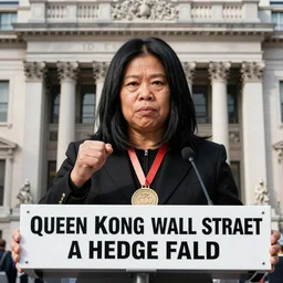 queen kong fights wall street hedge funds. 4 k photograph
