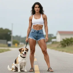 A Muscular miner woman and her dog, summer 90's professional color photograph.
