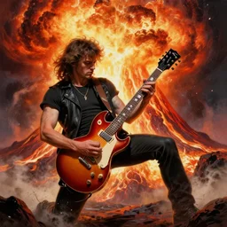bruce forsyth shredding on a gibson sg, intense guitar solo inside an exploding volcano, painting by frank frazetta and glenn fabry, 3 d rendering by beeple