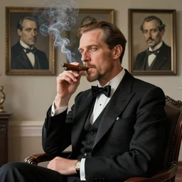 very sophisticated gentleman smoking a cigar, ultra detail, professionally retouched, soft lighting, wide angle, 8 k high definition, intricate, elegant, art by bastien lecouffe deharme, philippe halsman, david keochkerian, rik oostenbroek