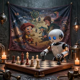 a beautiful tapestry, a small robot playing 3 d chess from star wars, ultra detailed, atmospheric lighting, rain, steampunk, moody, candles, characters from machinarium, by don bluth, trending on artstation, octane render, 8 k, ultra realistic