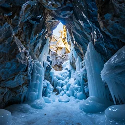 photography by marc adamus, interior of a cave, sunlight coming through the entrance, frozen, ice, vibrant lighting, blue color scheme, beautiful