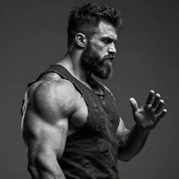 a single muscular man wearing torn clothes, looking to the right, profile picture, hyperrealistic, concept art, octane render, unreal engine 5, trending on artstation, high quality, highly detailed, 8 k, dramatic lighting, cinematic, high coherence, anatomically correct, five fingers, digital art, seductive, black and white, big beard, epic