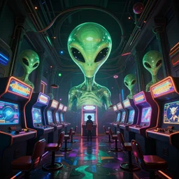 arcade alien interior, 8 k, ultra wide angle, high contrast, highly detailed, vivid colors, dramatic lighting, depth of field, ray tracing, concept art, volumetric light, unreal engine, pincushion lens effect, trending on artstation, zenith perspective, greg rutkowski, feng zhu