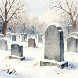 graveyard with large monuments covered in snow, watercolor illustration