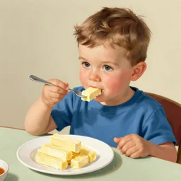 boy, 1 2 years old, sitting at the table eating a stick of butter on his fork from a plate with plenty of sticks of butter, color illustration 1 9 2 0 s. the boy is facing the viewer.