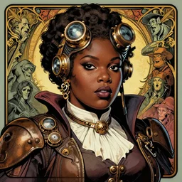 a detailed portrait illustration of a steampunk sorceress - laywer. beautiful obese black female face, very dark skin. art nouveau, pop art, comic book style. influenced by neil gaiman, h. p. lovecraft, dan mumford, brian froud, kehinde wiley, killian eng, ross tran.