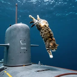 cat doing a backflip on a submarine