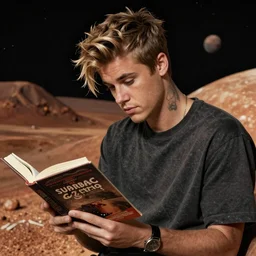 Justin Bieber reading a book on mars, realistic shading, 4k image, detailed.