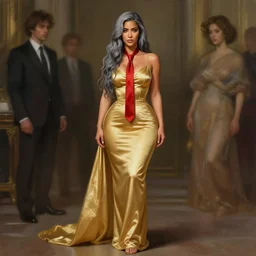 kim kardashian wearing a golden dress, grey hair, red necktie, cinematic, stunning, highly detailed, digital painting, artstation, smooth, hard focus, full body shot, illustration, art by artgerm and greg rutkowski and alphonse mucha