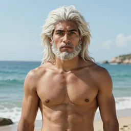 detailed cinematic wide shot of muscular attractive young aztecman beard slim face symmetrical face tanskin green eyes white hair wearing sea clothes, ultra realistic, spring light, painting by gaston bussiere, craig mullins, j. c. leyendecker
