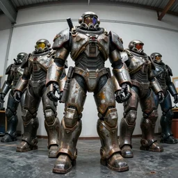 low angle wide shot photo taken of an epic intricate, ultra detailed, super realistic gritty, hero prop, exquisitely weathered very clunky, bulky fallout 5 power armour suits movie prop replica's in a row in the workshop, created by weta workshop, full body shot, photorealistic, sharp focus, white wall, cold colour temperture, slight fish eye