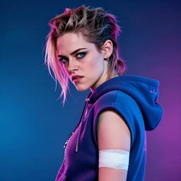 a 1 9 tomboy gorgeous cyberpunk goddess in hoodie with bandage on her arm, side portrait, kristen stewart, vi, angry, striking, defiant, spotlight, vibrant colors, beautiful eyes, by marco paludet and gianni strino and marion bolognesi