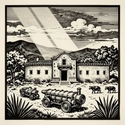 art by brian reedy, a beautiful black ink linocut print of a mexican pueblo, 8 k, frostbite 3 engine, cryengine, dof, trending on artstation, digital art, crepuscular ray