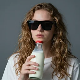 a beautiful portrait of an australian bogan lost in his thoughts, wearing a pair of futuristic sunglasses, contemplating the beauty of a bottle of milk he's holding, photography, volumetric lighting, 8 k