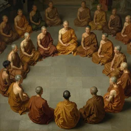 painting crowd of monks with sitting in circular formation, realistic old master painting art by ruan jia, tooth wu, wlop, james jean, victo ngai, delicate, beautifully lit, muted colors, highly detailed, artstation,, fantasy art by craig mullins, thomas kinkade