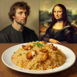 a beautiful painting of chicken fried rice by Michelangelo and Leonardo Da Vinci