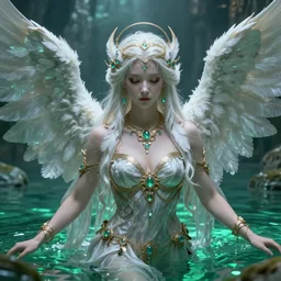 high priestess Kaguya Ōtsutsuki with angelic face, super fine details and intricate jewelry with feathers and crystals, ethereal, waist deep in clear emerald water, divine realm of gods, solarpunk realistic cinematic style, filmed in 70mm, volumetric lighting, octane render, photographic, concept art, k_euler_ancestral, artist Leonardo DaVinci, unreal engine, 8k