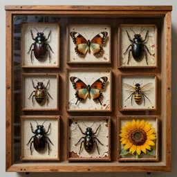 a wooden museum display case, giant insects are individually pinned in boxes, beetles spiders butterflies moths wasps bees maggots locusts flies, oil painting by max ernst and anselm kiefer, decay, mixed media, textured, sharp focus, highly detailed, photographic emulsion cracked and peeling, rust, sunflowers, cinematic lighting, 8 k, hd