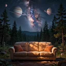 psychedelic, trippy, amber eyes, pine forest, planets, milky way, sofa, cartoon by rob gonsalves