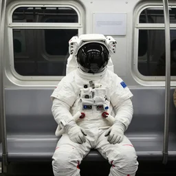 an astronaut riding the new york subway