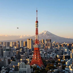 modern city of tokyo, sunset, high detail, realistic, clear sky, mount fuji in the background, airships in the sky