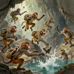 Fantasy illustration by Clyde Caldwell - The monkeys chirrup loudly, a cacophonous din reverberating throughout the cavern. They leap into the air and land on the rocks, chittering and screeching to one another. One of them grabs a rock and hurls it into the pool. It splashes loudly, but the monkeys do not recoil. You see tattered strings of rope and cloth tied around their necks, to which they have affixed baskets that they carry beside them.