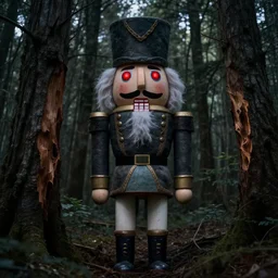 a large realistic doll that looks like an old woman with nutcracker mouth in a dark forest, red laser eyes cut down trees, horror