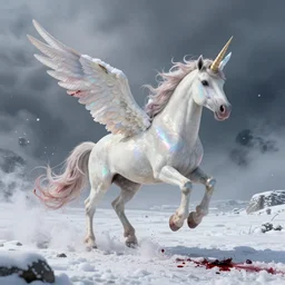 a iridescent unicorn with wings is wounded in the snow, trail of blood follows behind it, nuclear winter, toxic smog in the sky, ultra realistic, concept art, intricate details, highly detailed, photorealistic, octane render, 8 k, style of mary jackson
