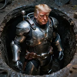 cinematic shot of donald trump wearing futuristic armor in a sewer, 8 k, very intricate, very detailed,