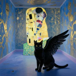a black winged cat in a blue and gold haunted liminal abandoned room, film still by edward hopper, by gottfried helnwein, by klimt, art noveau, highly detailed, strong lights, liminal, eerie, bright pastel colors,