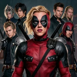 a fancy portrait of a Scarlett Johansson deadpool by Greg Rutkowski, Sung Choi, Mitchell Mohrhauser, Maciej Kuciara, Johnson Ting, Maxim Verehin, Peter Konig, final fantasy , mythical, 8k photorealistic, cinematic lighting, HD, high details, atmospheric,