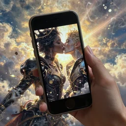 a messy painting of heaven's just a kiss away, black queen phone, in the style of delphin enjolras, intricate, ultrarealistic, cinematic, dynamic lighting, artstation.