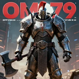 a large cyberpunk paladin in rounded heavy plate armor with large shoulder pads and a spartan helmet wearing a crusaders helmet he is holding a large axe in a cyberpunk setting, 1 9 7 9 omni magazine cover, style by vincent di fate, artgerm, cyberpunk 2 0 7 7, very coherent, detailed, 4 k resolution, unreal engine, daz