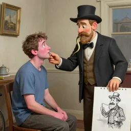 the famous snake oil salesman Uncle Aloysius curing a patient of the pink wojacity, painting by Grant Wood, 3D rendering by Beeple, sketch by R. Crumb