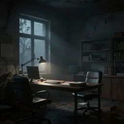 office at night, gloomy and foggy atmosphere, octane render, rembrandt, cgsociety, artstation trending, horror scene, highly detailded