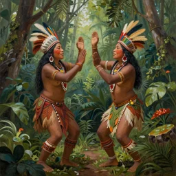 a beautiful painting of two indigenous people celebrating in the jungle, fantasy art, matte painting, highly detailed
