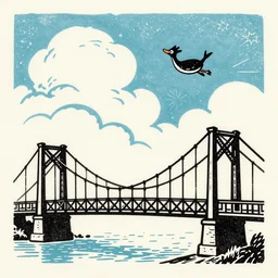 small steel suspension bridge built in 1 9 2 8, side view, puffy clouds in background, dooby is flying in the sky, woodcut style, rubber stamp, 8 k