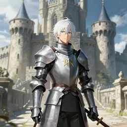 white haired knight in a big castle, cinematic, octane, art by inio asano