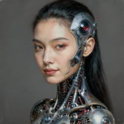 portrait painting of a female japanese android, beautiful, smirk, ultra high detail, intricate detail, alien production design, unreal render, cinematic lighting, 1 9 2 0 art period drama by bussiere rutkowski andreas rocha