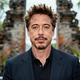 a full portrait photo of robert downey jr holiday in iconic spot in bali, f / 2 2, 3 5 mm, 2 7 0 0 k, lighting, perfect faces, award winning photography.