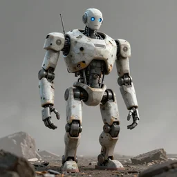 A rundown large humanoid robot, full body, uncaring, bleak tone, post apocalyptic, Nuttavut Baiphowongse, Mark Armstron, amad, rendered by octane, 8k, ultra 8k, hyper realistic, photorealistic, photo