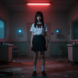 school girl standing on an abandoned hospital room with red ceiling lighting and several blue lights on the walls, gloomy and foggy atmosphere, octane render, artstation trending, horror scene, highly detailded