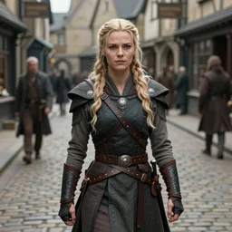 close portrait of sansa as muscled warrior heroine chilling in a cobbled medieval shopping street, epic composition, 2 0 0 mm focal length, donato giancola, tim hildebrandt, wayne barlow, bruce pennington, larry elmore