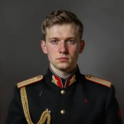 realistic portrait of a young russian war general in his black uniform, painted face with red, greg rutkowski, seb mckinnon, matte painting, delicate, facing the camera, mysterious, hyper realism, 1 4 5 0, ink, ultra realistic, 8 k