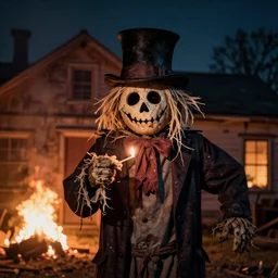portrait photo still of a spooky scarecrow holding a match, wearing a top hat, in front of an old school on fire at night, 8 k, 8 5 mm f 1. 8