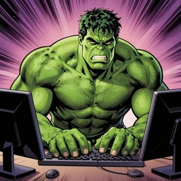 Hulk trying to learn how to type on a computer, frustrated, vertigo comic panel, detailed, trending on artstation,